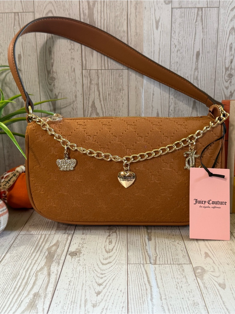 Juicy Couture Tan Suede Shoulder Bag with Gold Charm Chain